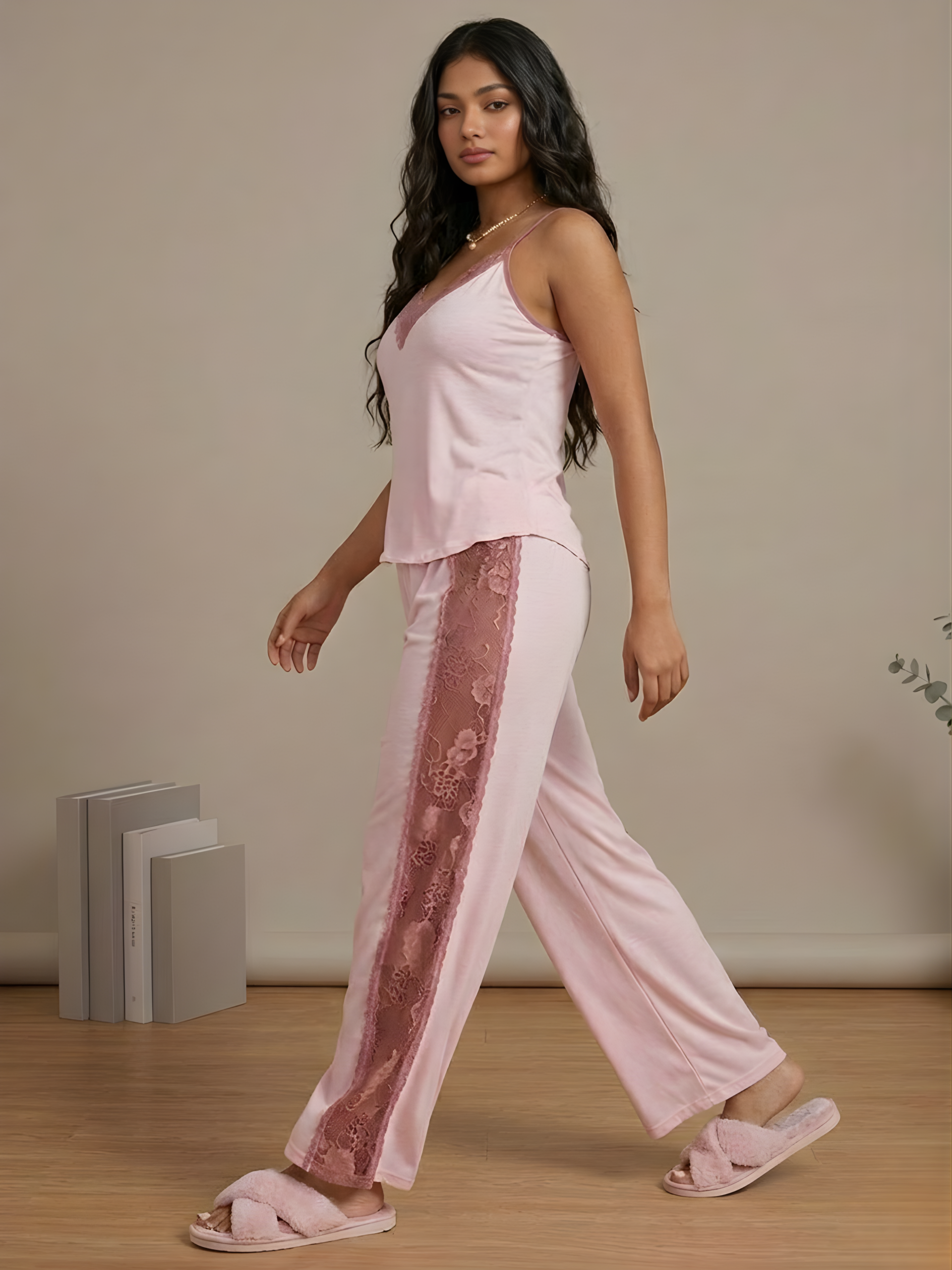 Blush Satin Lace-Trim Set